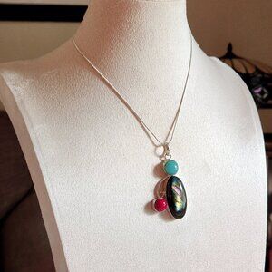 NEW ALL NATURAL LABRADORITE RED CORAL AMAZONITE Pendant 18" Sterling Necklace